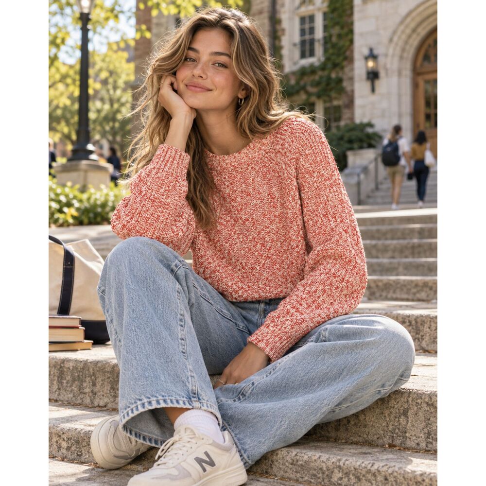 Free People XS Orange Cream Marled Knit Sweater Puff Sleeve Boho Fall Cropped